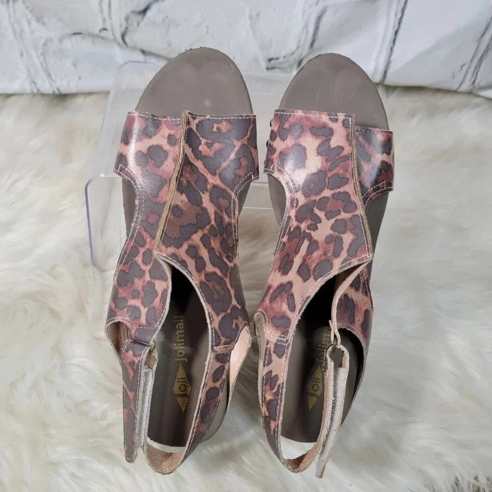 Jolimall Womens 9 Leopard Print Brown Wedge Summer Sandals Casual Comfy‎ Padded